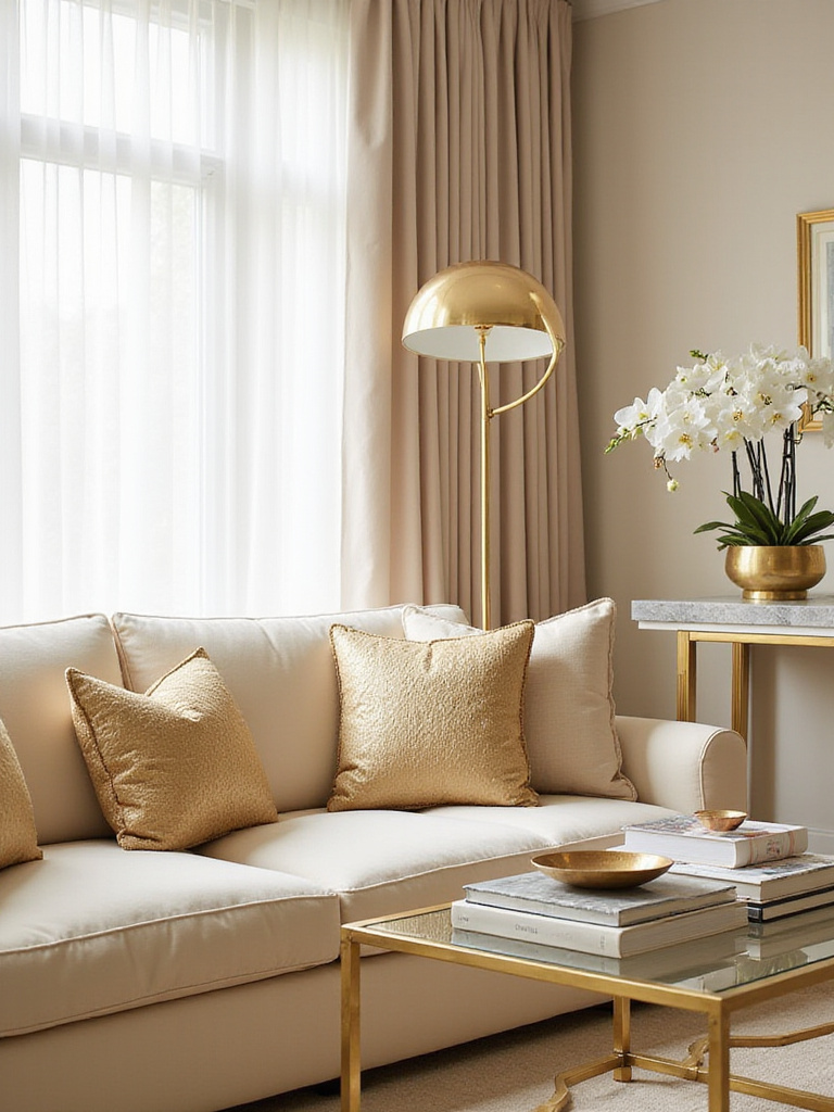 Luxury living room with gold and brass accents including a brass coffee table, gold throw pillows, and a brass floor lamp.