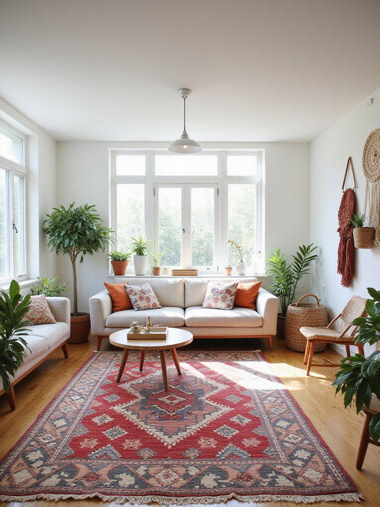 Living room with mid-century modern sofa and colorful Moroccan rug
