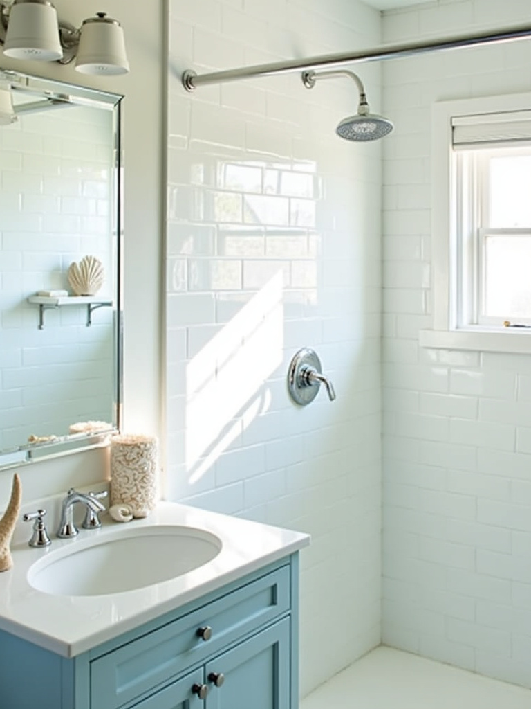 Glossy white subway tiles enhance light and brightness in a coastal bathroom shower.