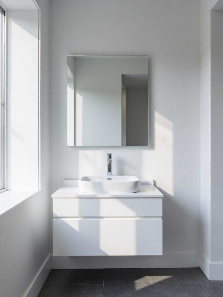 Modern bathroom with frameless rectangular mirror above white vanity