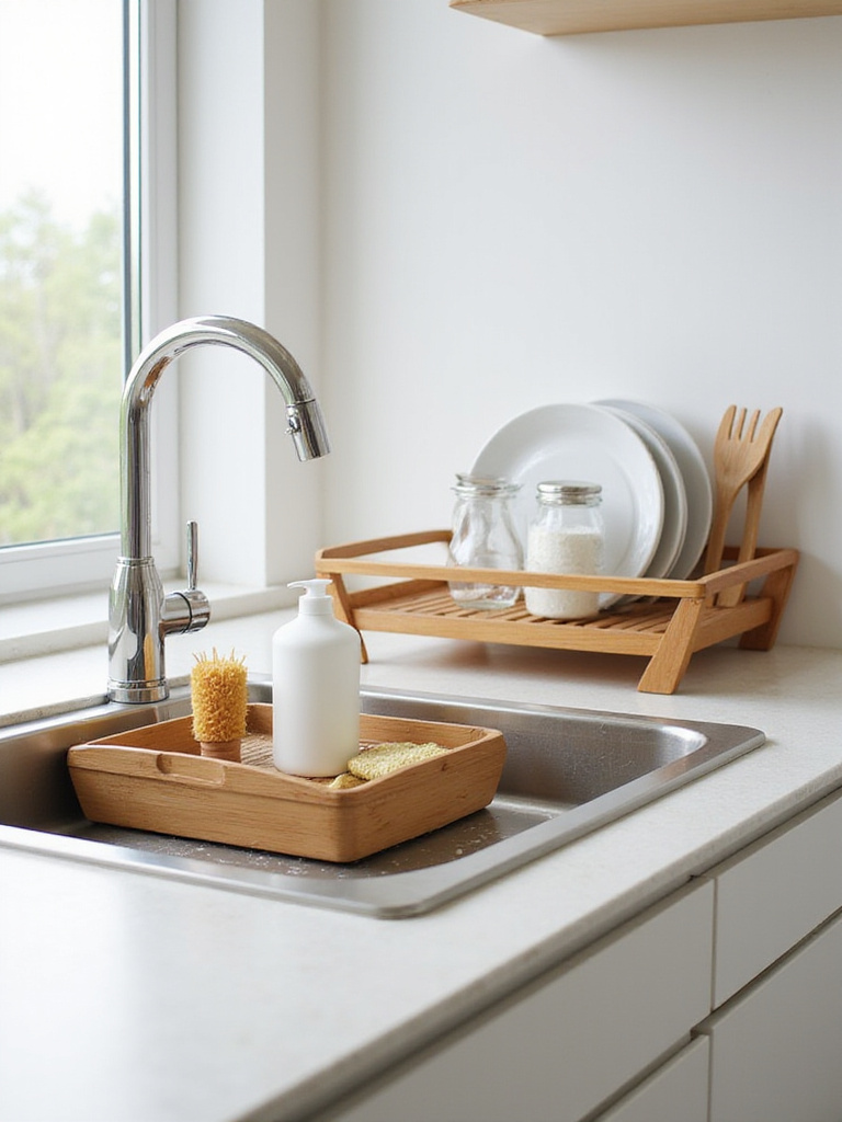 Bamboo kitchen sink organizer with dish soap, sponge, scrub brush, and dish drying rack on a clean countertop.