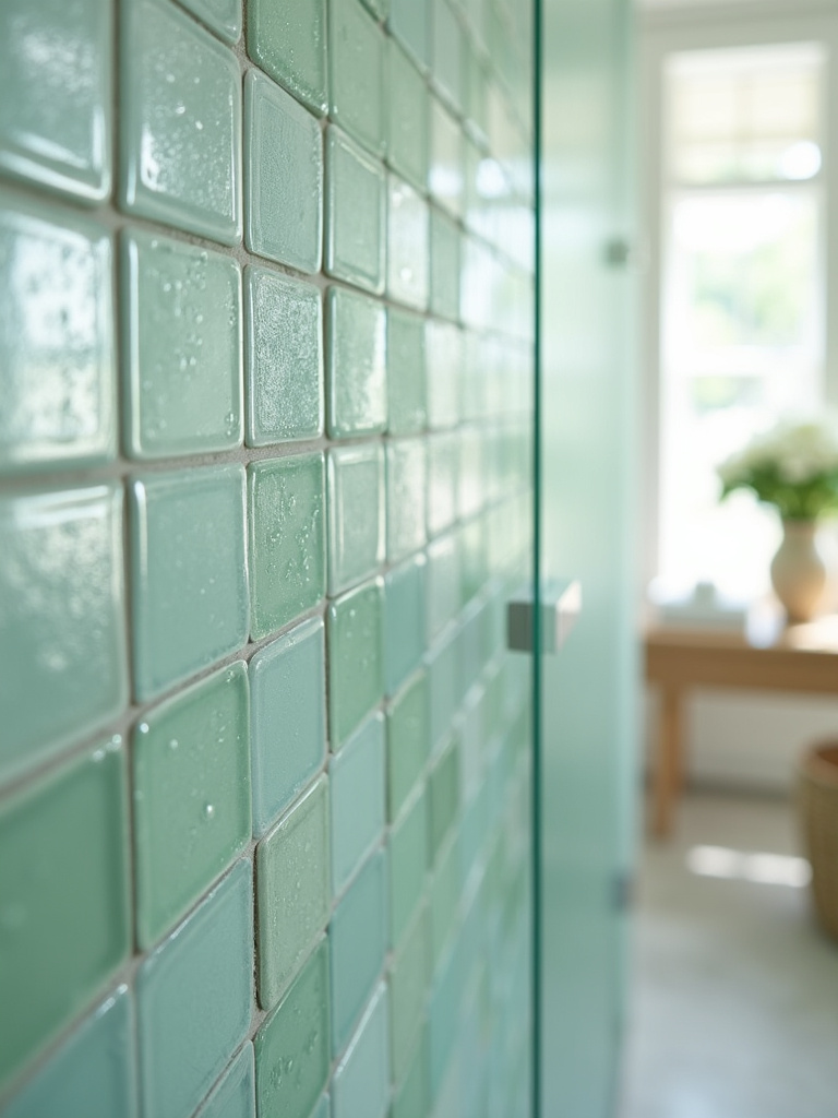 Seafoam green glass tiles in a coastal bathroom shower, resembling sea glass.