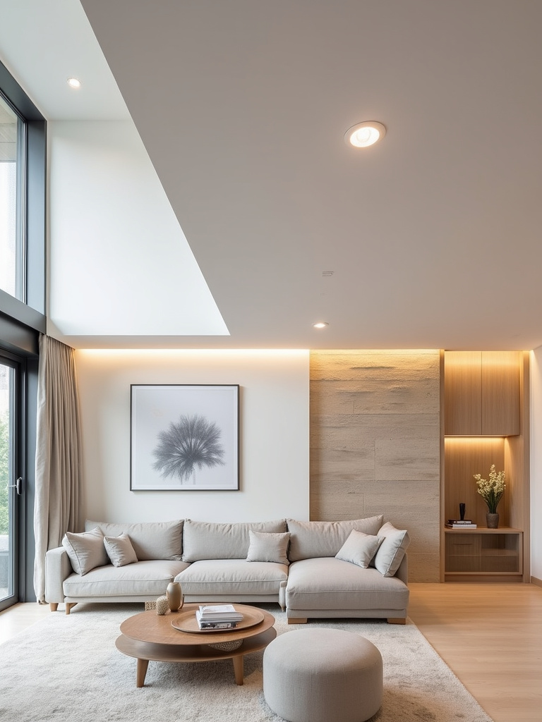 Modern living room with recessed lighting providing seamless and elegant illumination.