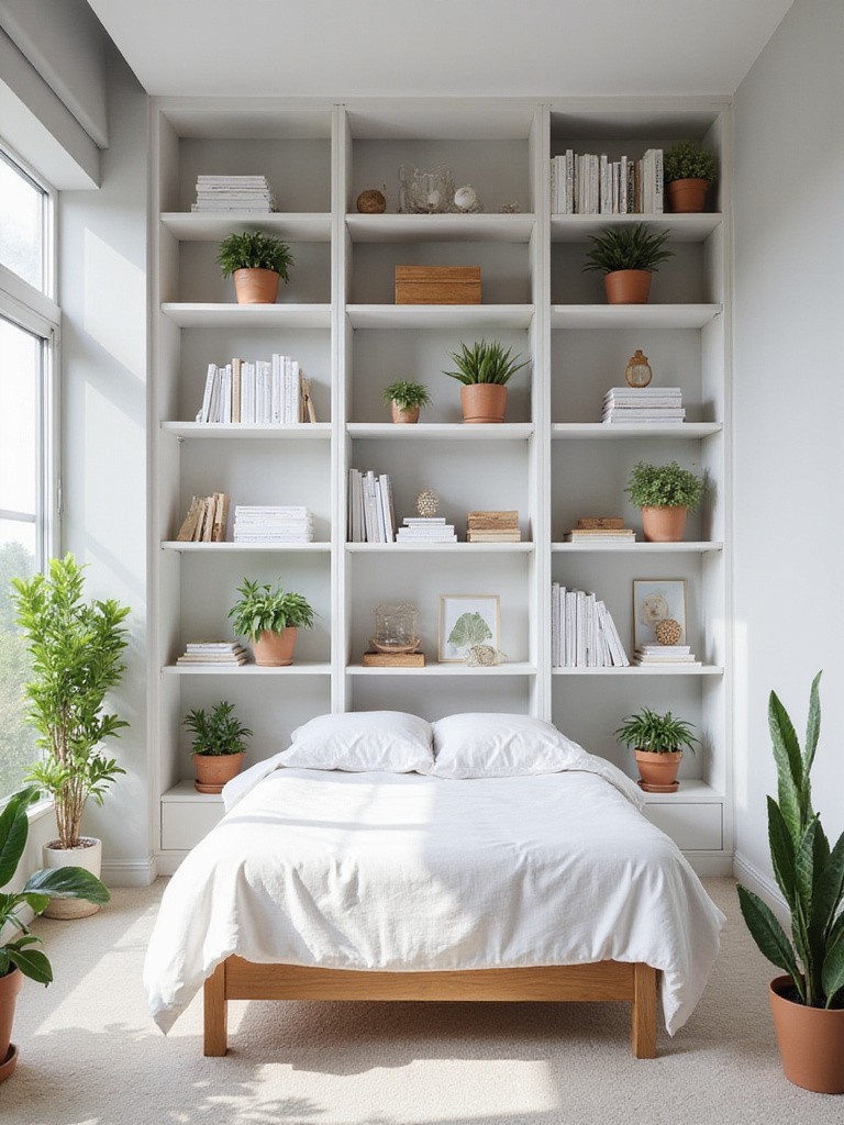 Small bedroom with floor-to-ceiling white bookcase for vertical storage.