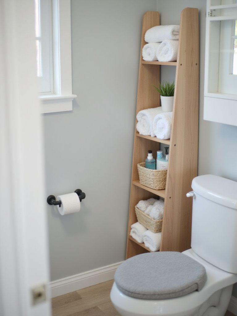 Small bathroom with vertical storage solutions including a tall narrow shelving unit and over-the-toilet cabinet.