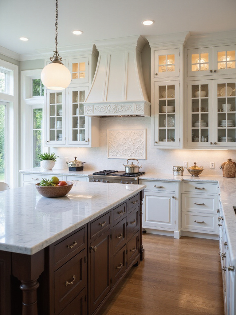 Luxurious grand kitchen featuring white shaker cabinets, dark wood island, and ornate range hood.