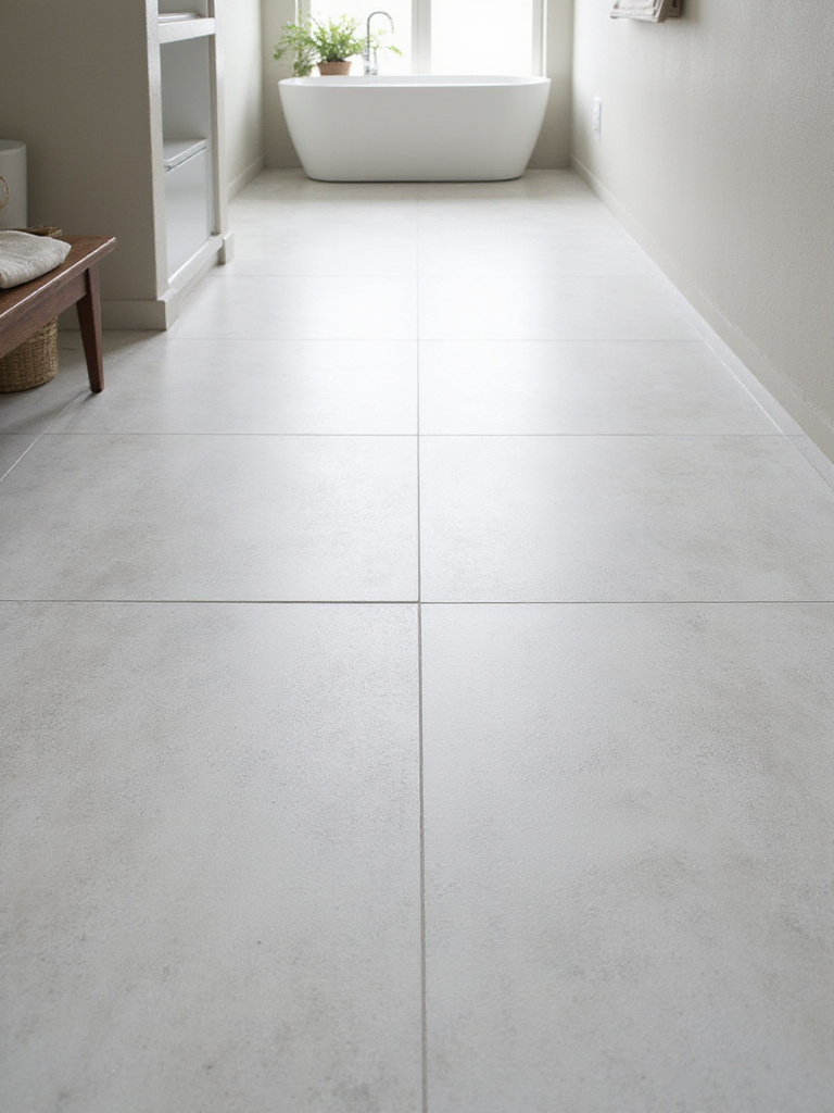 Modern bathroom floor featuring seamless large format light grey porcelain tiles.