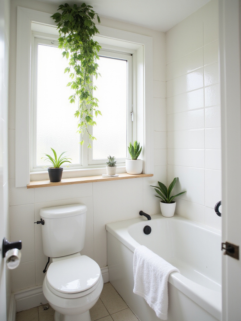 Small bathroom interior with various indoor plants, including pothos, snake plant, and peace lily, adding a natural and calming element to the space.