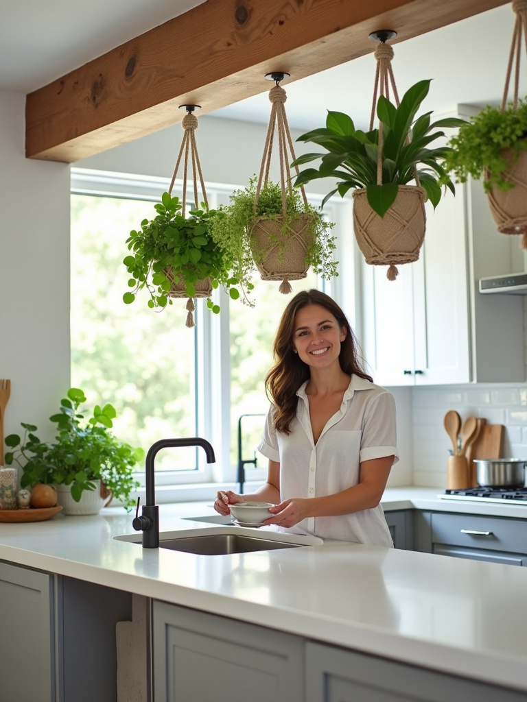 Hanging plants in a bright modern kitchen add a fresh and vibrant touch.