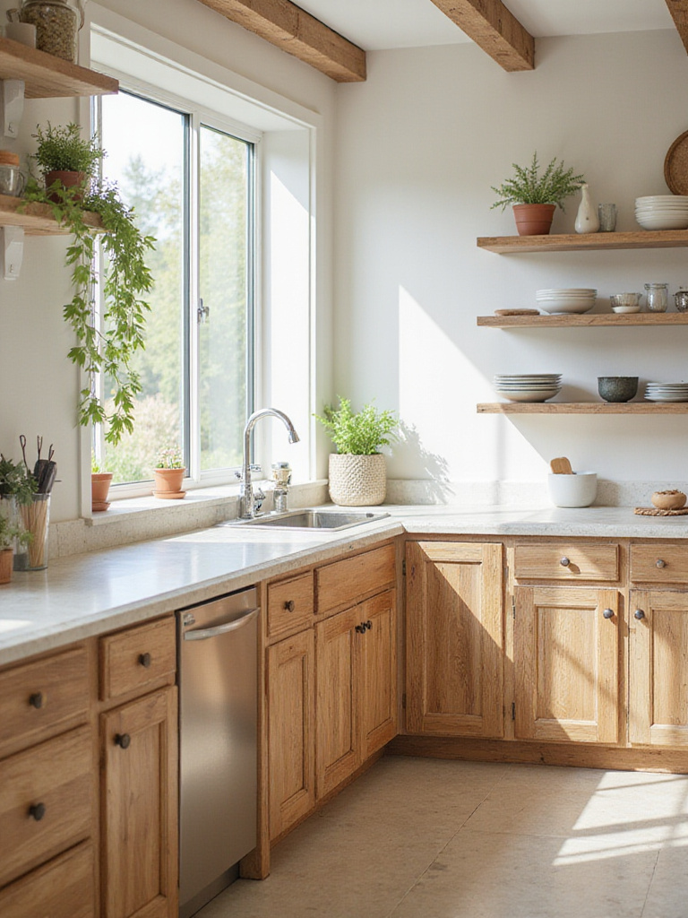 Eco-friendly kitchen with reclaimed wood cabinets and recycled countertops.