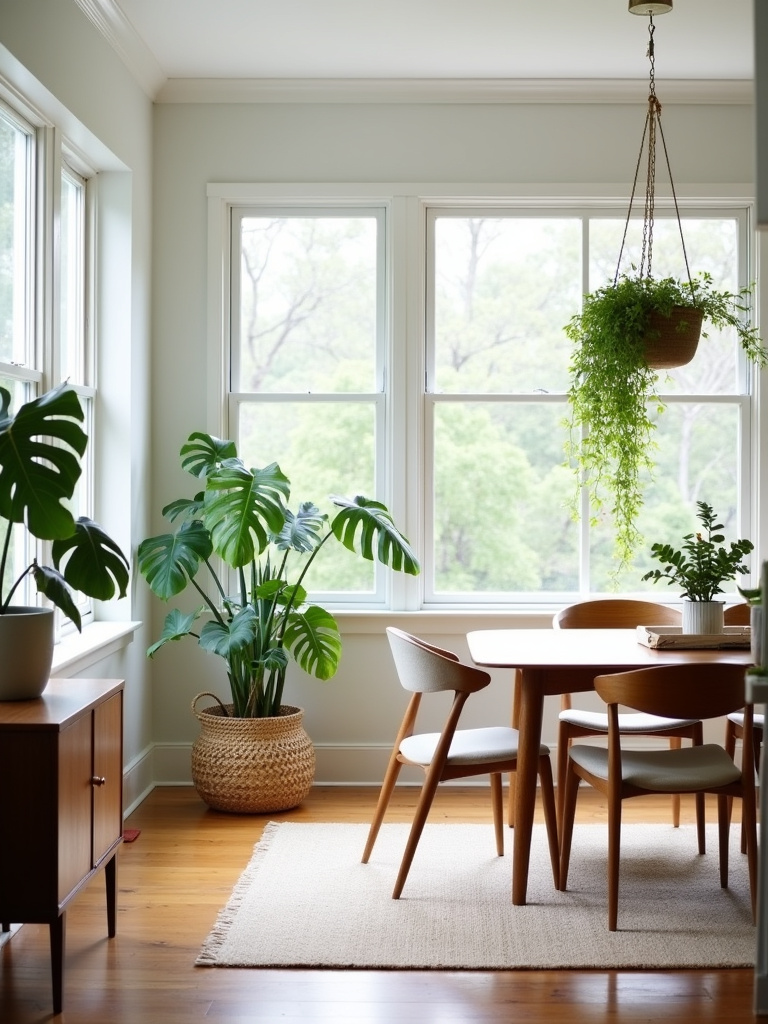 Modern dining room with indoor plants, creating a green and inviting space.