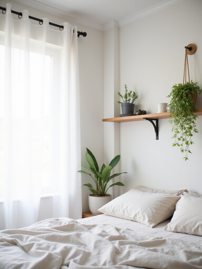 Small bedroom with plants on shelves and in hanging planters