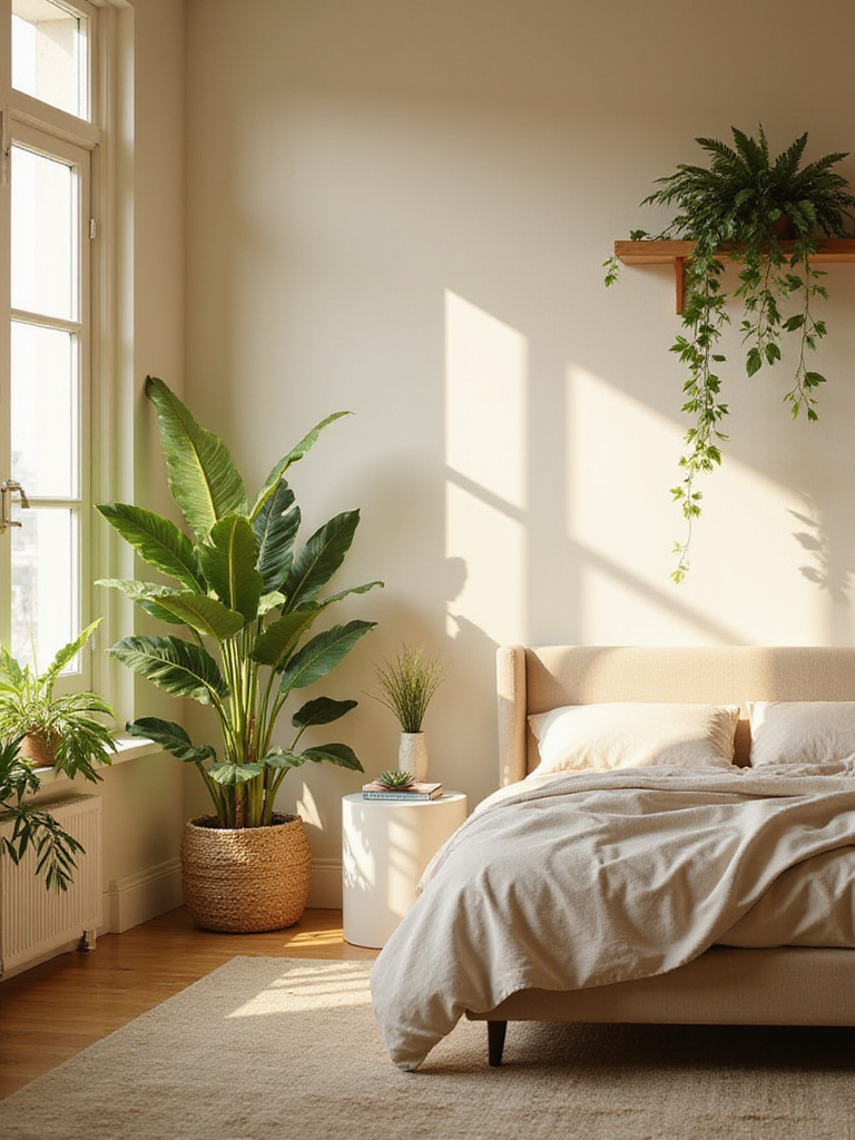 Beige bedroom with various indoor plants adding greenery and a refreshing touch.