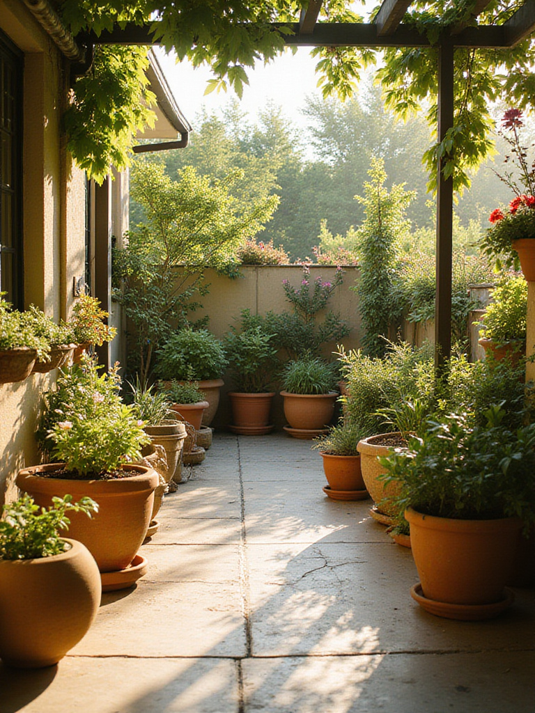 Patio filled with a variety of potted plants in different sizes and styles.