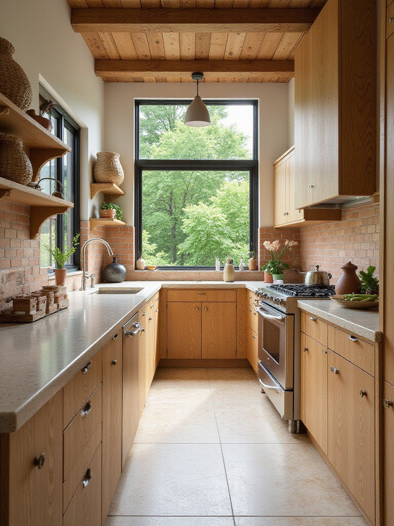 Modern farmhouse kitchen with warm wood cabinets, terracotta backsplash, and natural light.