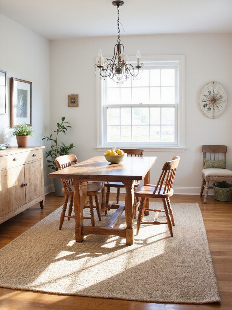 Farmhouse dining room with a natural jute rug under a wooden table and chairs.