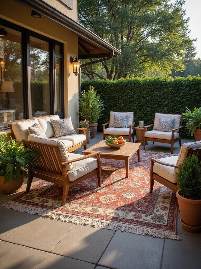 Stylish patio with patterned outdoor rug, comfortable seating, and lush greenery.