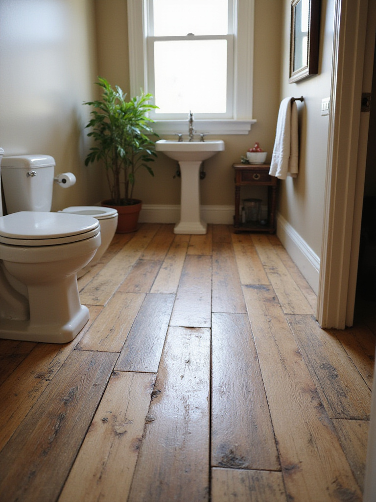 Rustic bathroom with distressed wood-look tile flooring