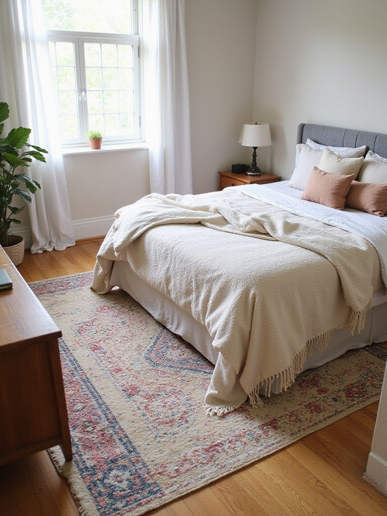 Small bedroom with a cream patterned rug under the bed and a colorful geometric rug defining a workspace.