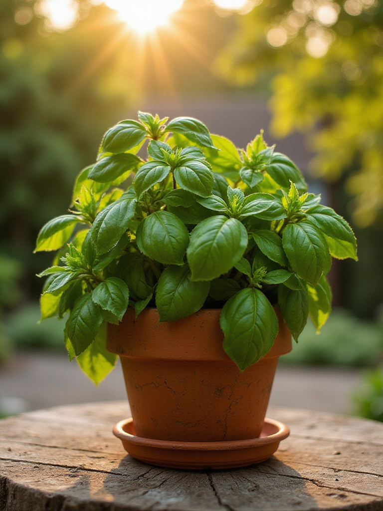 Close-up of lush basil growing in a terracotta pot.