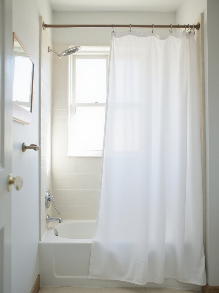 Small bathroom with shower curtain hung high to create the illusion of more space.