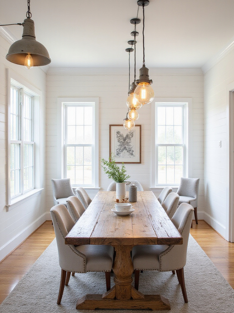 Farmhouse dining room with metal pendant lights hanging above a wood dining table