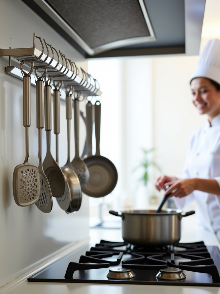 Kitchen rail system with utensils hanging for easy access