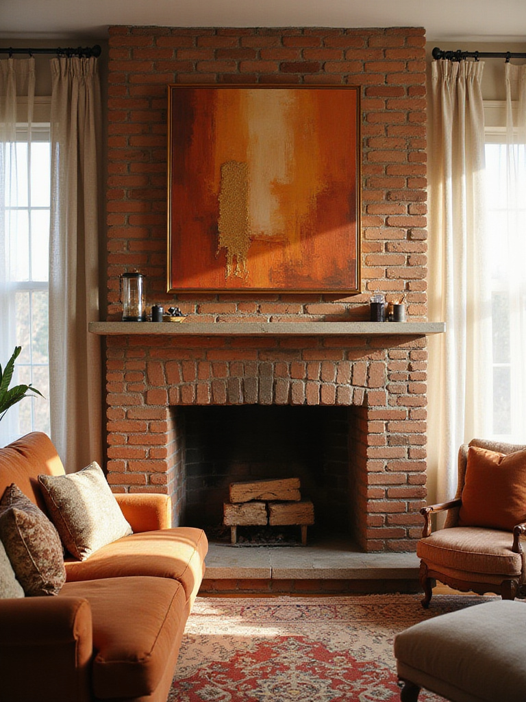 Cozy living room with warm-toned abstract painting above fireplace