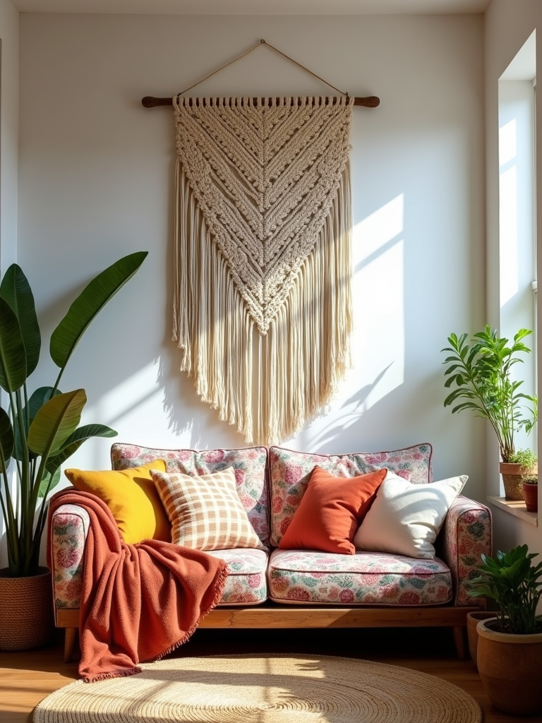 Boho living room with large macrame wall hanging above sofa