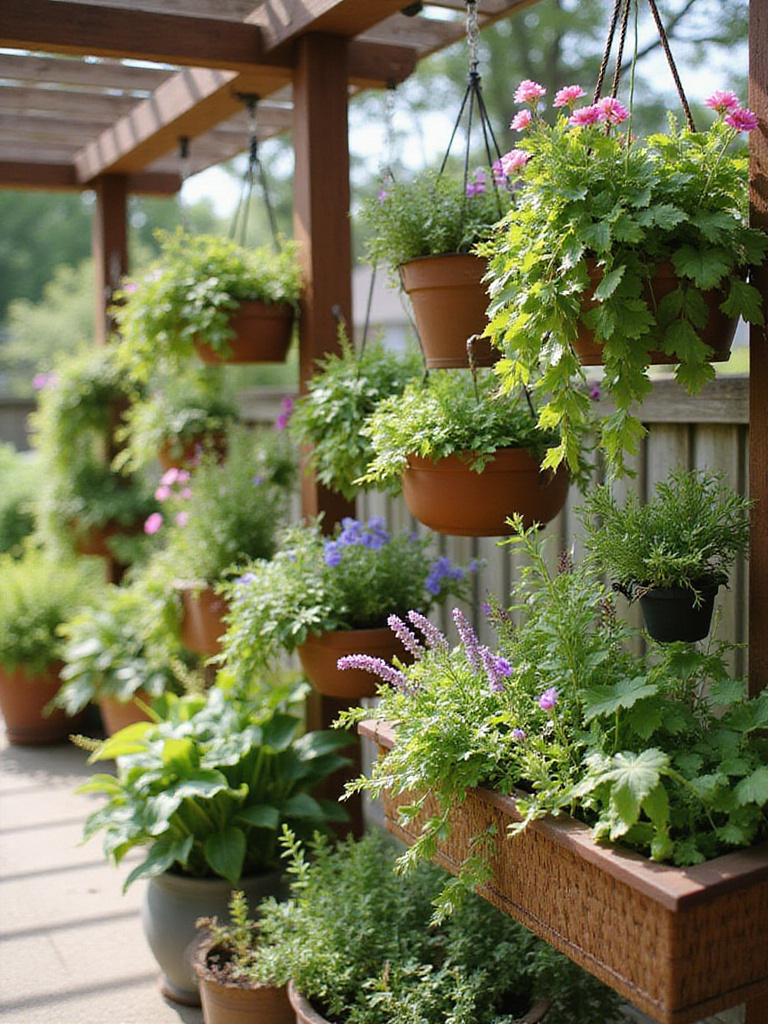 Eye-catching hanging planters with trailing flowers and herbs create a vibrant vertical garden on a sunny patio.