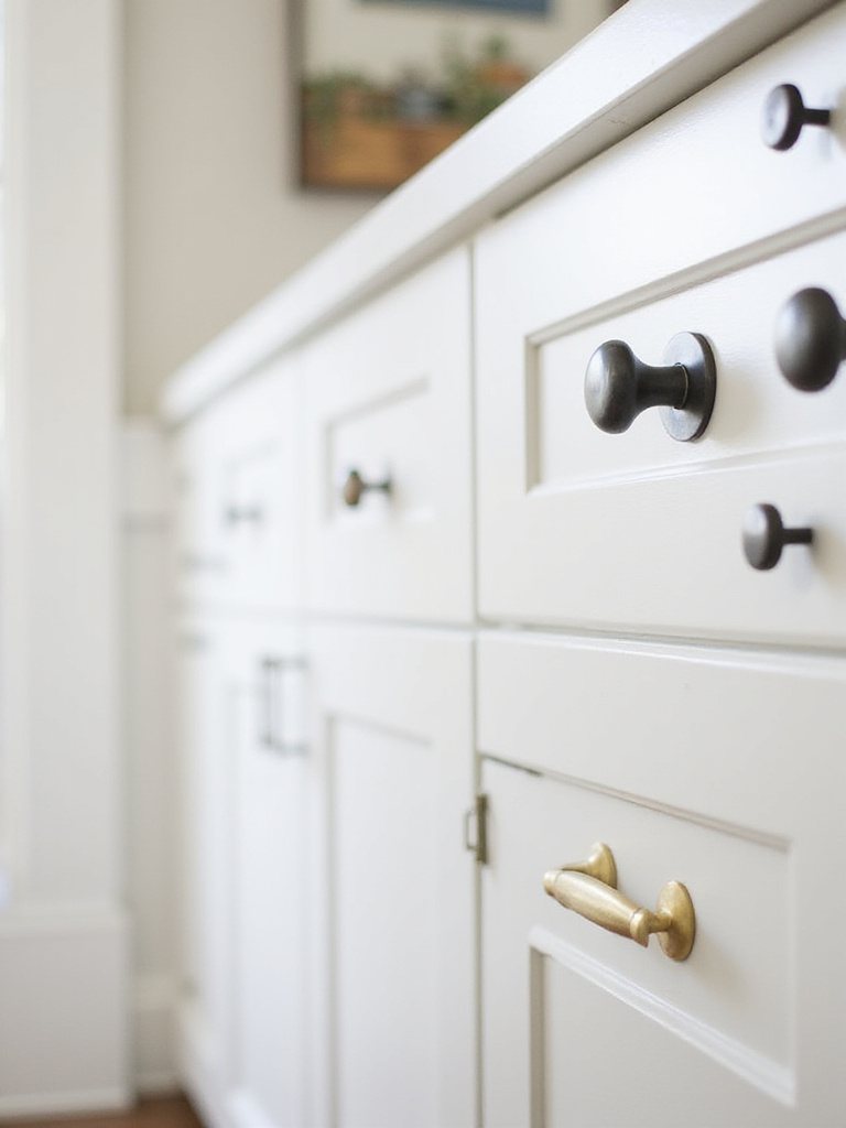White kitchen cabinets with a variety of hardware styles and finishes, including brushed nickel, matte black, and brass.