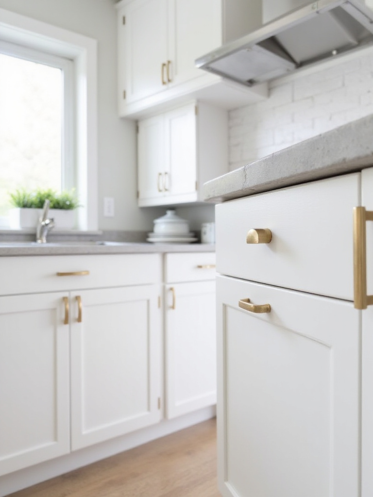Modern kitchen with white shaker cabinets and brushed gold hardware.