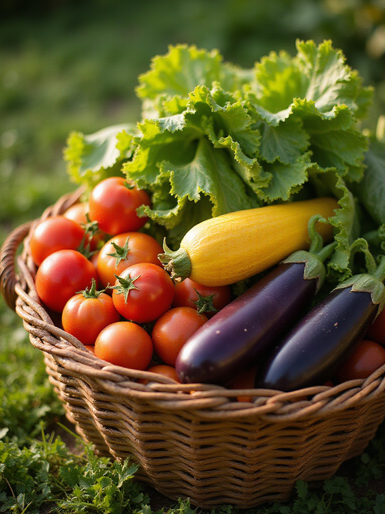 Close-up of a harvest basket overflowing with fresh vegetables and fruits from a backyard garden.