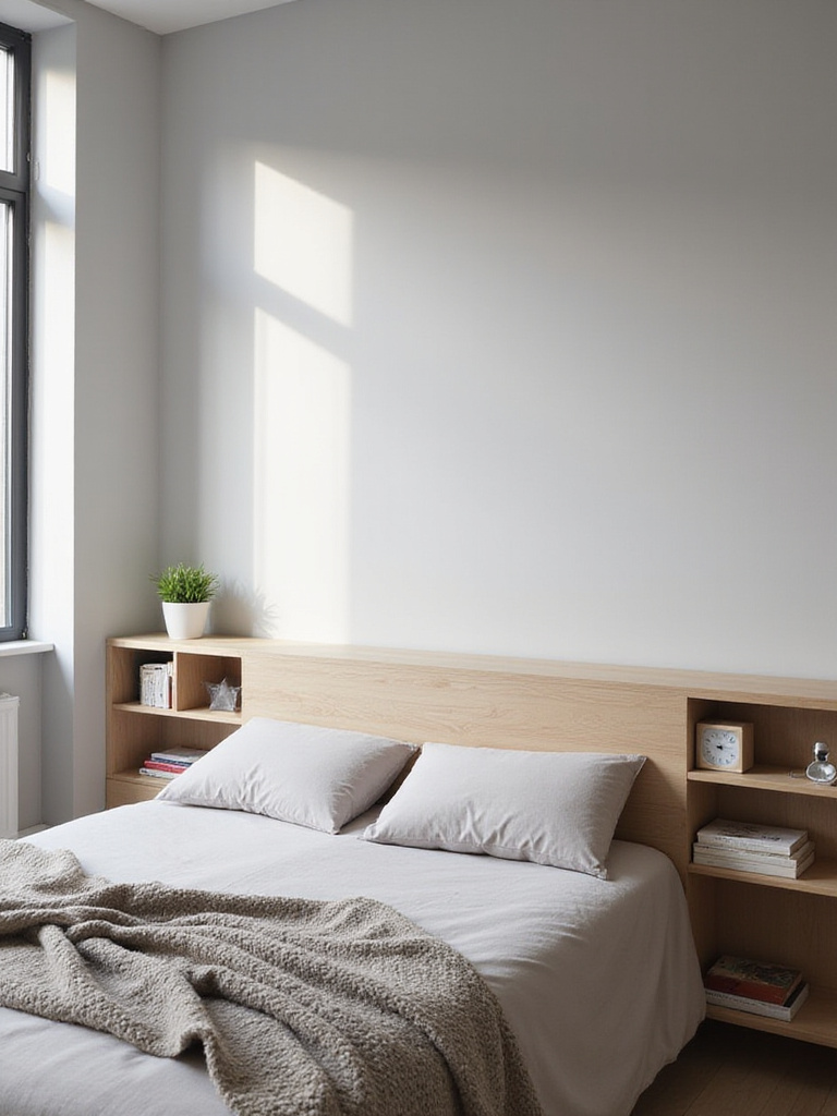 Small bedroom featuring a queen bed with a light wood headboard with built-in open shelving for storage.