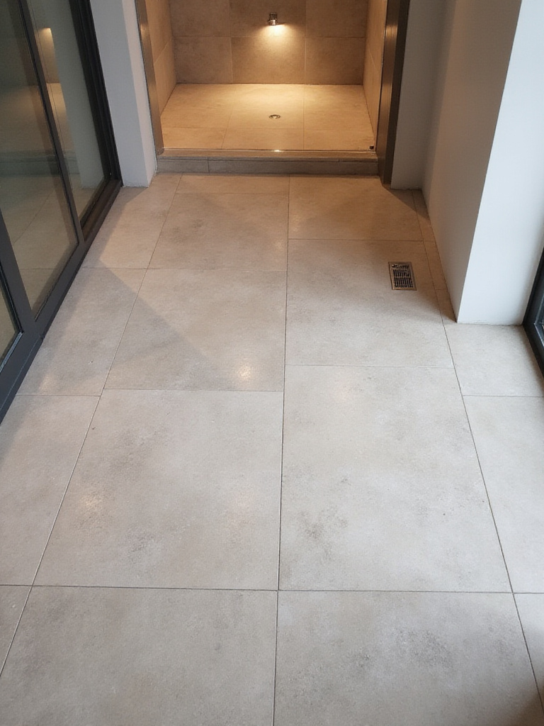 Modern bathroom floor with light gray porcelain tiles and radiant heat.