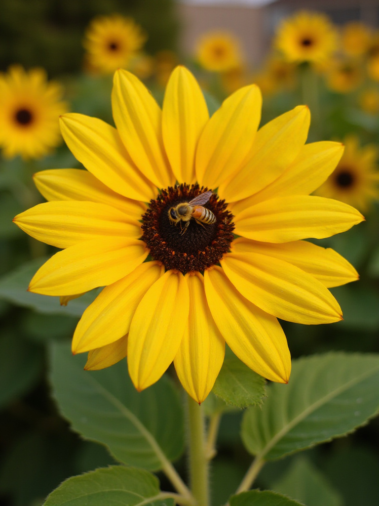 Close-up of a sunflower with a bee collecting pollen in a backyard garden.