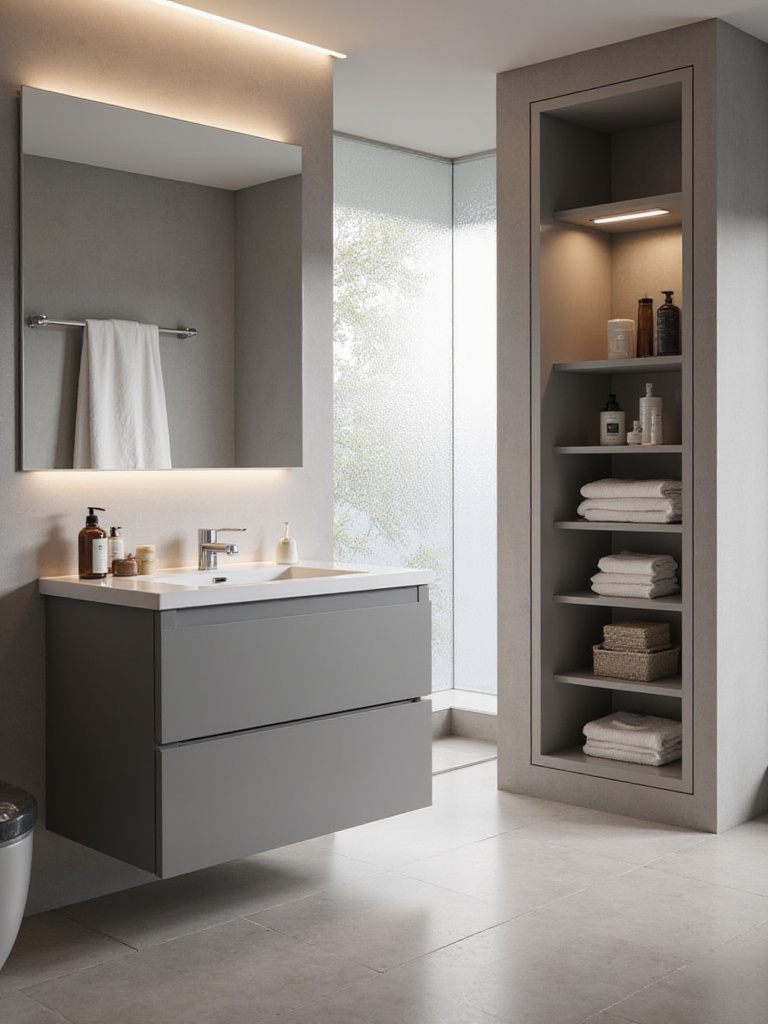 Modern bathroom with hidden storage niche seamlessly integrated into the wall, providing organized and concealed storage.