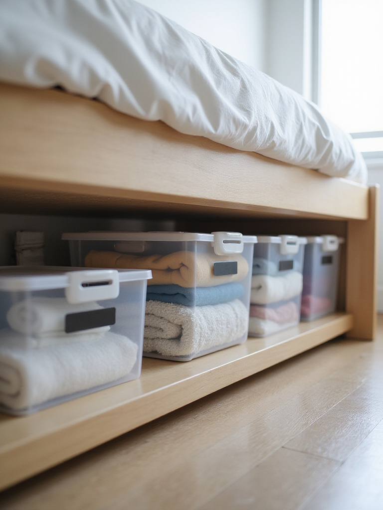 Organized under-bed storage featuring clear plastic bins with labeled contents.