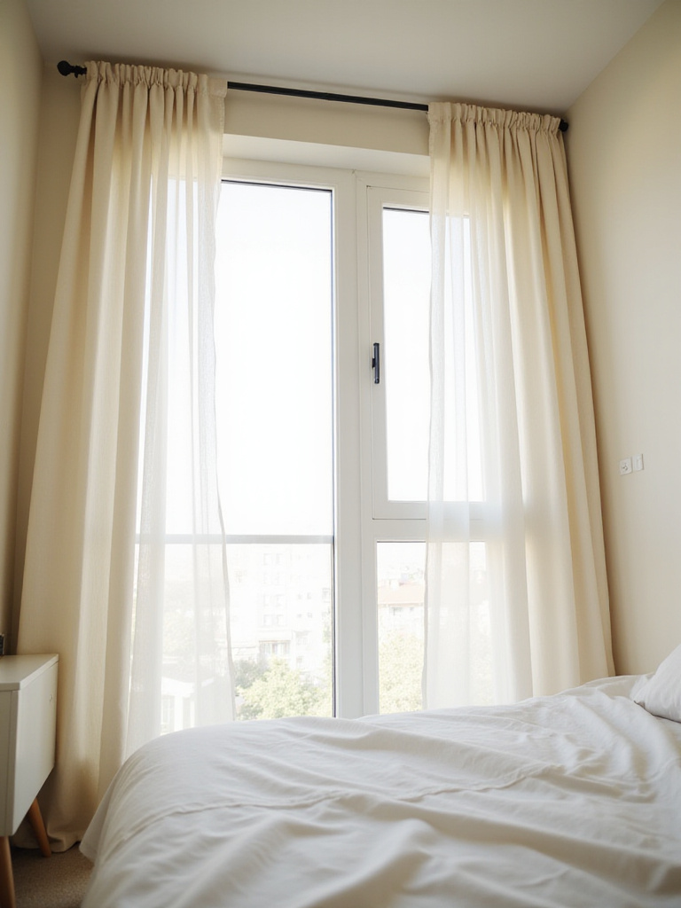 Small bedroom with high-hanging white curtains creating an illusion of height and space.