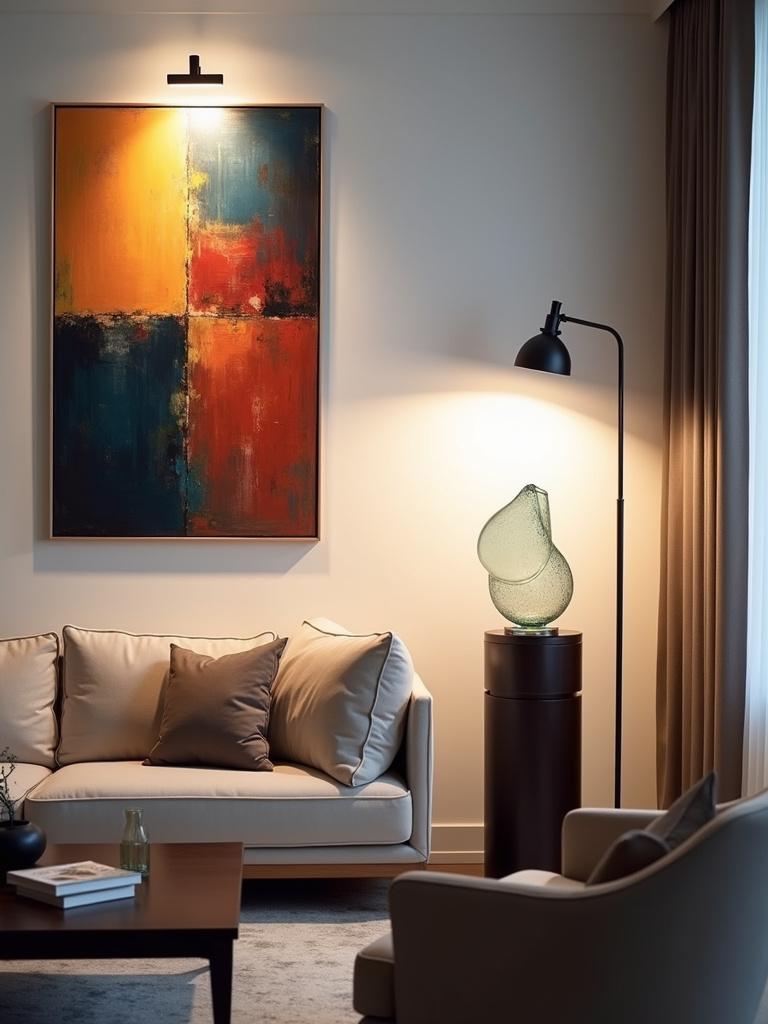 Living room with accent lighting highlighting art and decor