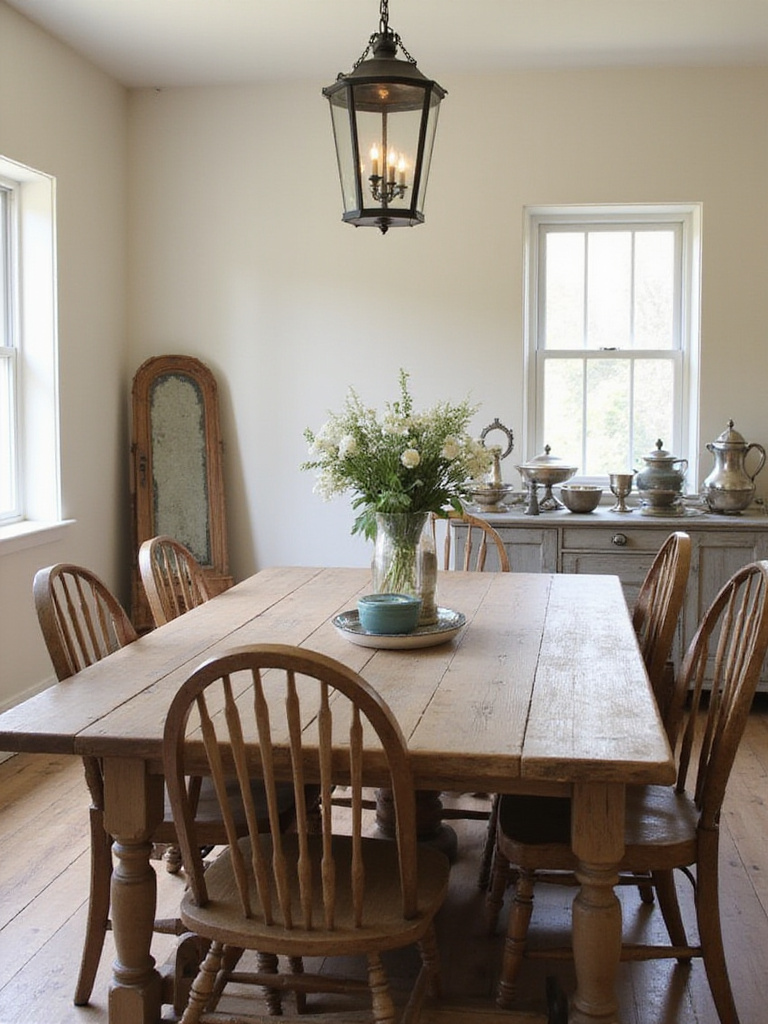 Farmhouse dining room with vintage wooden table, mismatched chairs, and antique sideboard.