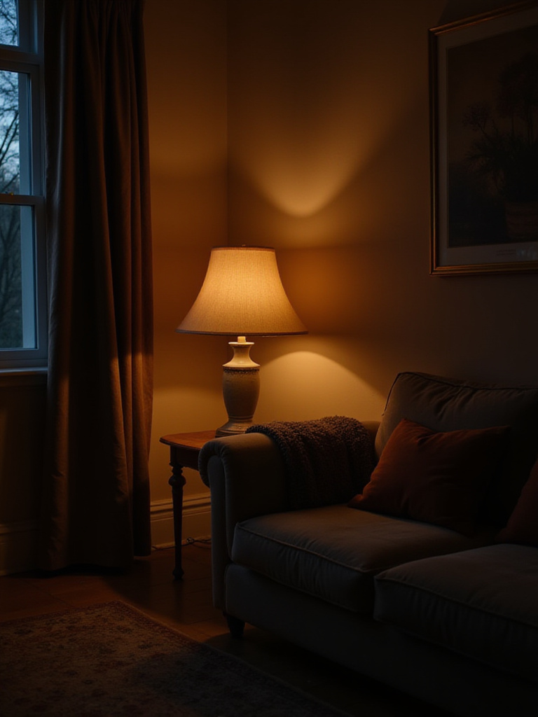 Cozy living room corner illuminated by an elegant floor lamp.