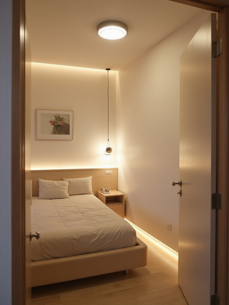 Small bedroom with layered lighting: flush mount ceiling light, wall-mounted bedside lamp, and LED strip lights under bed.
