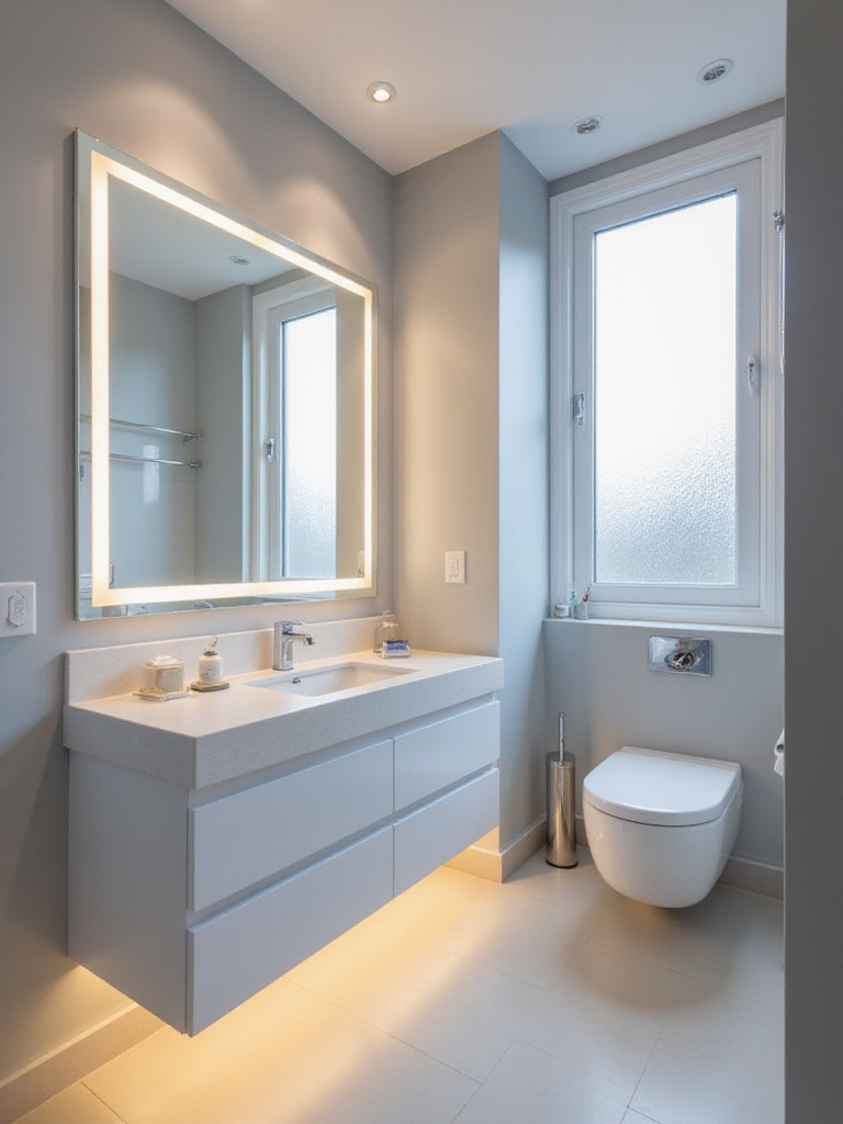 Small bathroom with layered lighting including recessed lights, vanity mirror lights, and under-cabinet LED lighting.