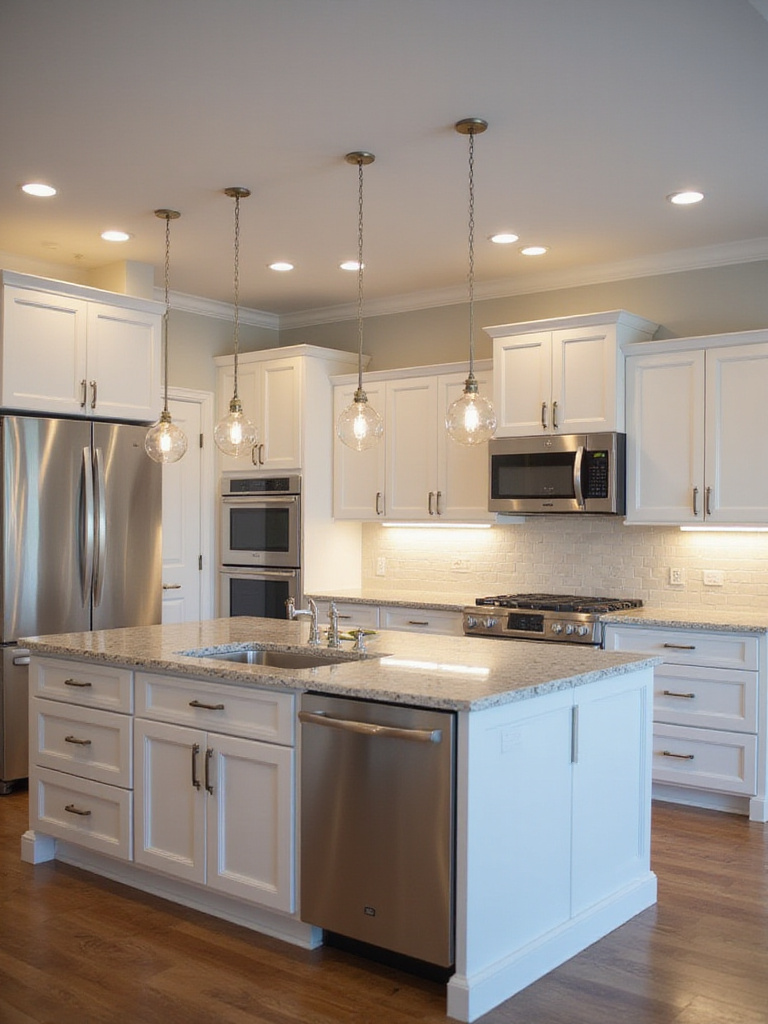 Modern kitchen design featuring layered ambient and task lighting with recessed lights, pendant lights, and under-cabinet lighting.