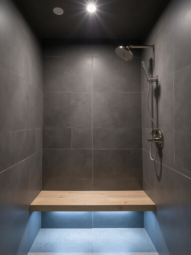 Modern shower with recessed LED lighting and LED strip lighting under a floating bench.