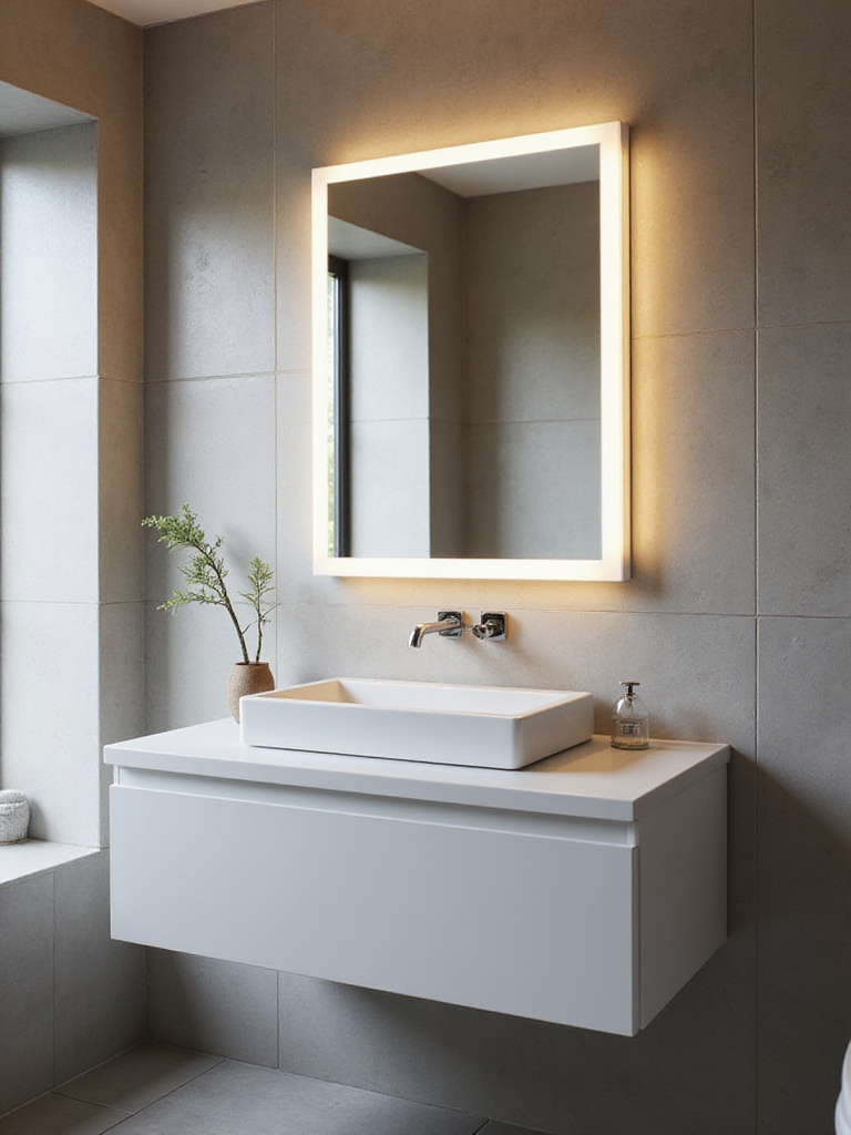 Modern bathroom with rectangular LED lighted mirror above floating vanity
