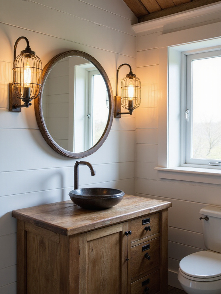 Rustic bathroom with cage sconces flanking a reclaimed wood vanity.