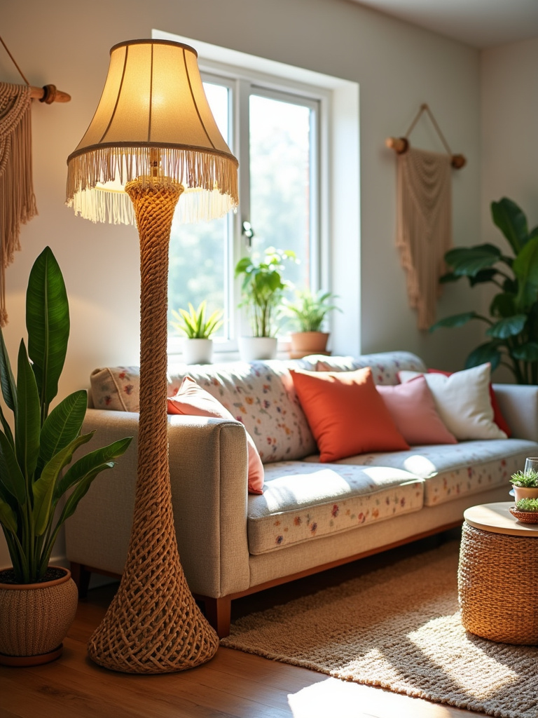 Boho living room with a statement floor lamp featuring a fringed shade and rattan base.