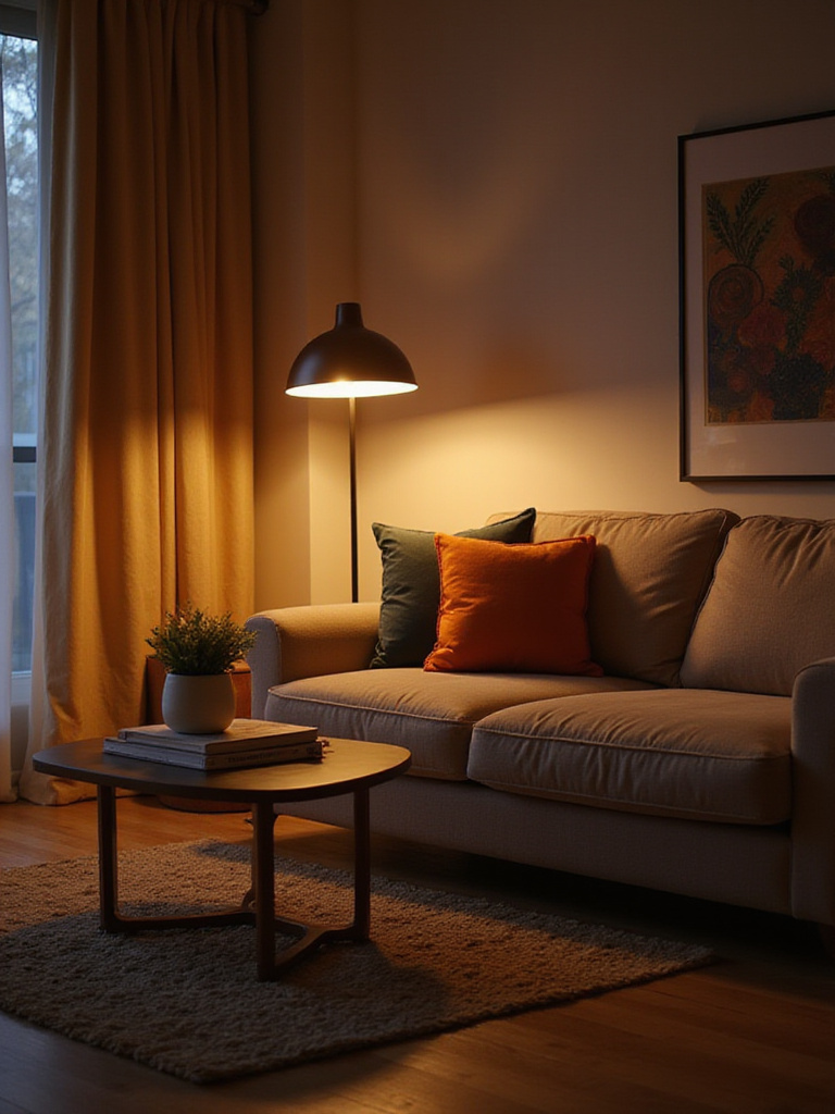 Living room with layered lighting featuring a floor lamp, table lamp, and accent lighting.